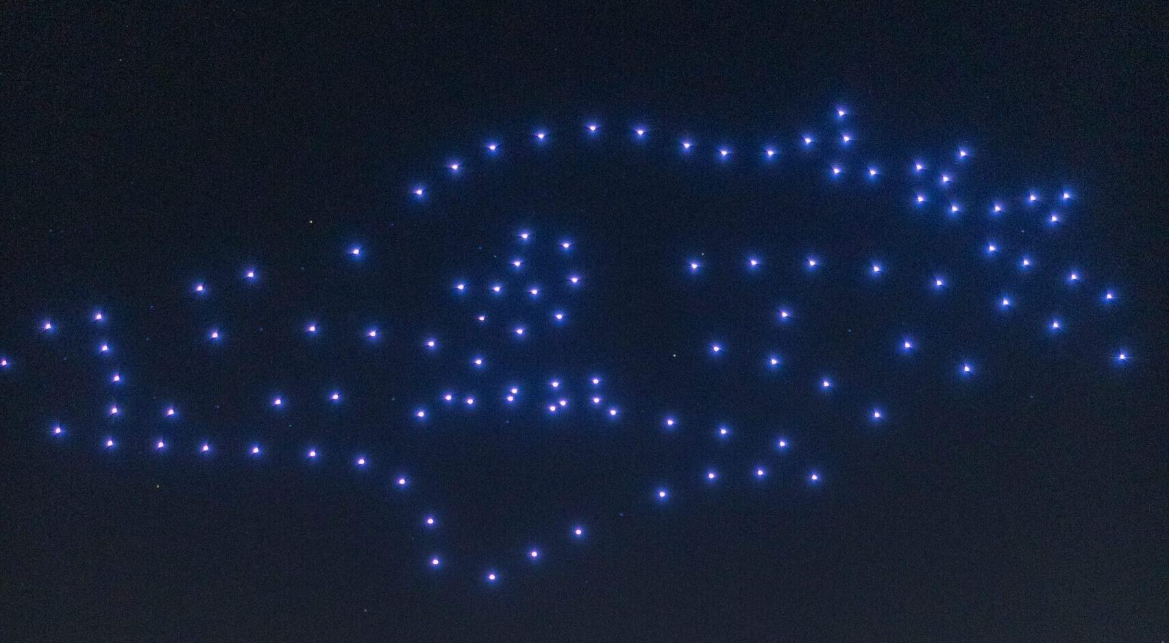 A Rowdy head forms in the sky using drone technology at the Homecoming Women's Soccer game